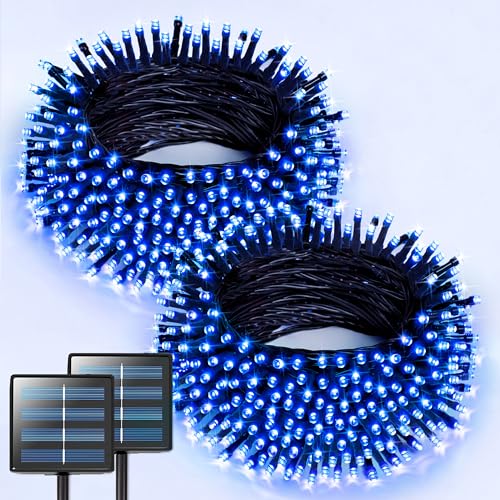 JMEXSUSS 2 Pack Blue Solar Christmas Lights, Total 400 LED 151FT Solar String Lights Outdoor Waterproof, 8 Modes Blue Christmas String Light for Outside Garden Party Patio Tree Decorations