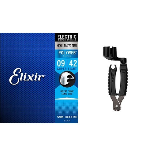 Elixir エリクサー エレキギター弦 POLYWEB Super Light .009-.042 #12000 + Planet Waves ストリングワインダー ギター用 ニッパー付き
