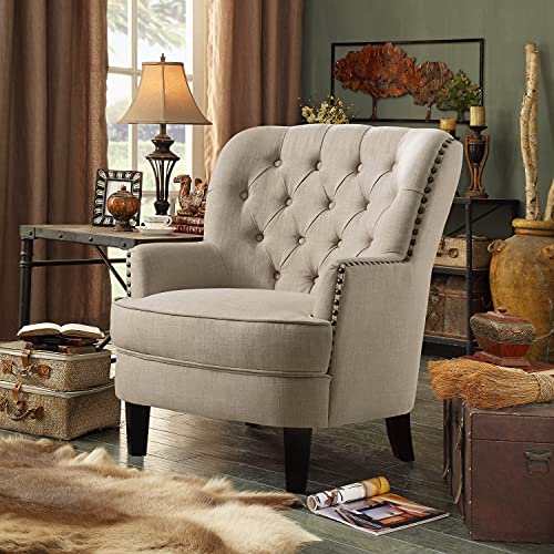 Rosevera Upholstered Gustavo Collection Fabric Nailhead Contemporary Accent Chairs, Standard Size, Linen Light Beige