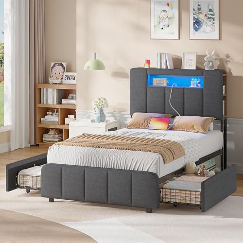 AOGLLATI Lit 90x200 à LED avec Multiprise et 2 Grands Tiroirs, Cadre de Lit avec Sommier à Latte et Tête de Lit Capitonnée Sommier avec Rangement, Moderne...