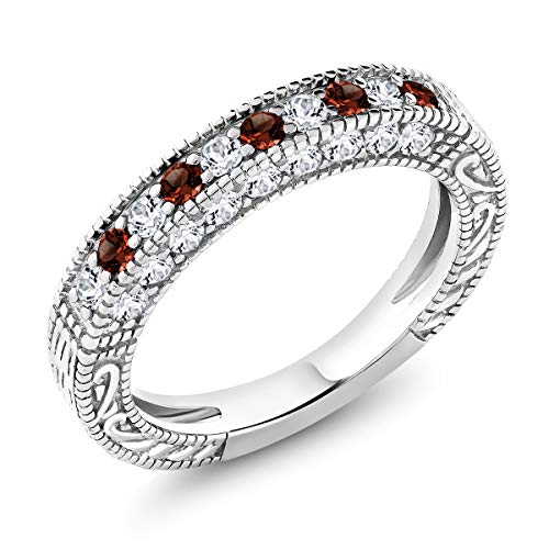 Gem Stone King 1.00 Cttw Red Garnet and White Created Sapphire Ring For Women | 925 Sterling Silver | Ladies Anniversary Wedding Band Ring | Gemstone Birthstone | Available In Size 5,6,7,8,9
