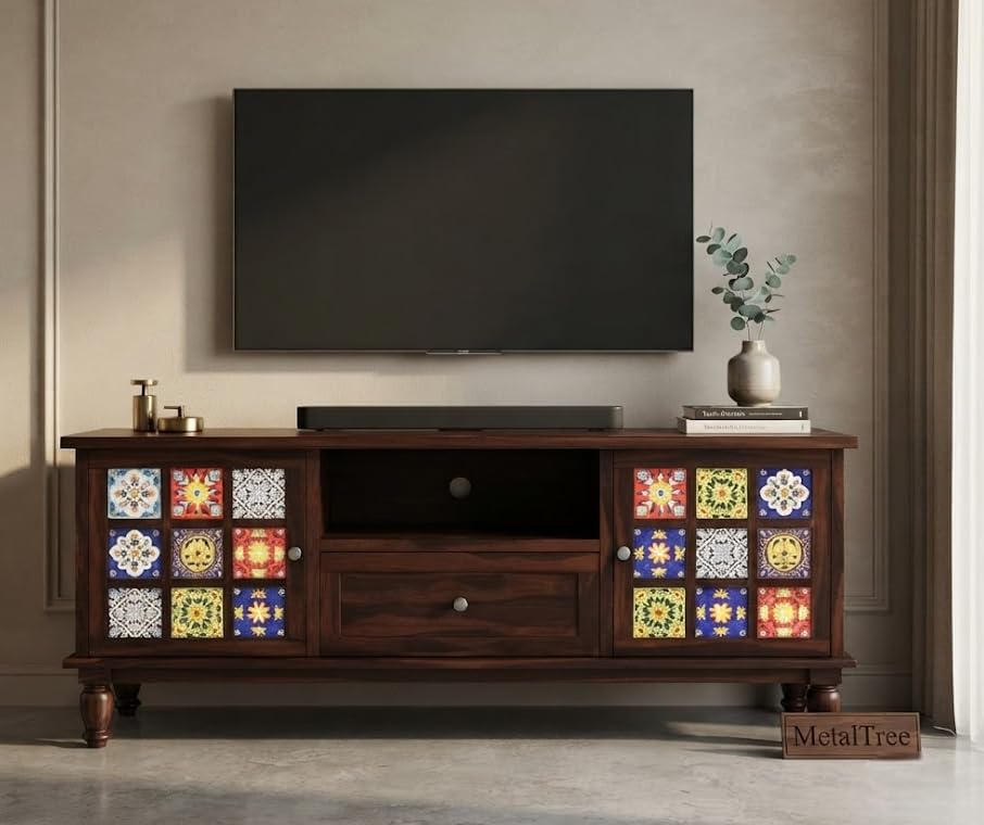 Image of Premium Solid Sheesham Wood TV Unit with 1 Drawer, 3 Shelves, and 2-Door Storage - Accommodates up to 55-Inch TV - Ideal for Elegant Living Rooms (Boho, Walnut Finish)