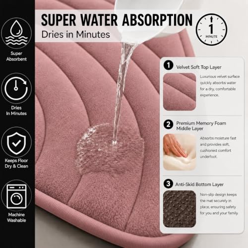 Image of Premium Memory Foam Bath Mat | 40x60cm Super Absorbent Velvet Bathroom Rug | Non-Slip Machine Washable Floor Mat (Petal Pink)