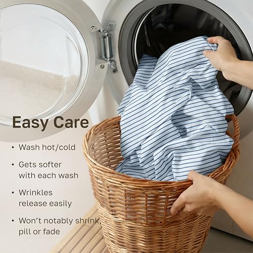 Image of California Design Den Printed Striped Bed Sheets Full Size Set - 600 Thread Count, 100% Cotton Sateen, Premium Deep Pocket Full Sheet Set - Classic Blue Stripe Print