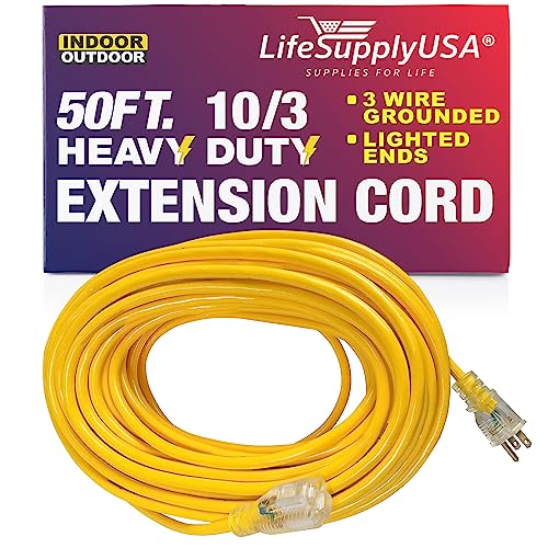 LifeSupplyUSA Power Extension Cord - 50 ft Outdoor & Indoor Heavy Duty 10 Gauge/3 Prong SJTW (Yellow) Lighted end Extra Durability 15 AMP 125 Volts 1875 Watts