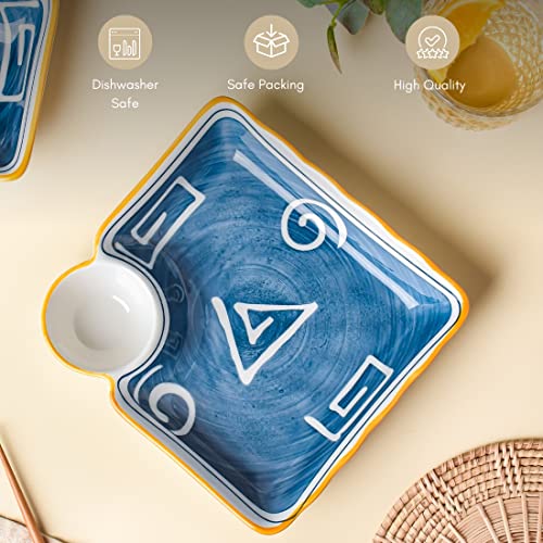 Image of Nestasia Set of 2 Ceramic Chip and Dip Snack Plate with Dip Section | Microwave & Dishwasher Safe Starter Plates | Perfect for Fries, Momos, Sushi, Kebab (White & Blue)
