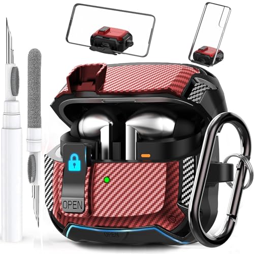 Image of Galaxy Buds 3 Pro /3 /3 FE Case Cover with Phone Stand&Lock Clip, Shockproof Galaxy Buds 3 FE /3 /3 Pro Protective Hard Cover Shell with Carabiner&Cleaner kit for Men Women, Carbon Black /Red