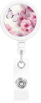 Pink Flowers and Butterfly Badge Reel Retractable Badge Holder with Alligator Clip Cute Badge Clip on ID Name Card Holders for Office Worker Doctor Nurse Badge Reel Name Decorative