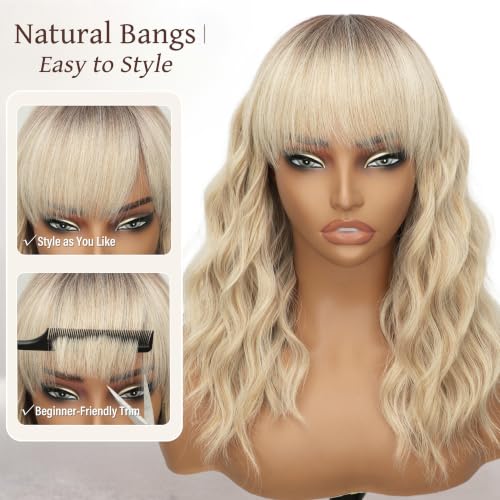 Image of Nnzes Short Wavy Bob Wig with Bangs for Women Shoulder Length Curly Soft Rooted Beige Blonde Synthetic Heat-Resistant Fiber Hair for Daily & Party Use