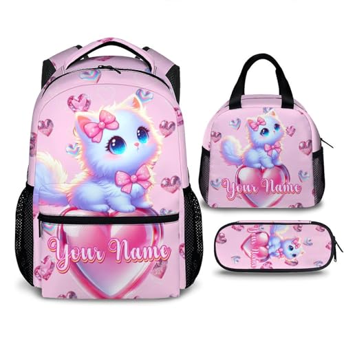 3PCS Backpack for Girls, Personalized Cat Backpacks for Kids, Custom Schoolbag with Lunch Bag Pencil Case for Children Teens Cat Lovers, Back to School Gift Idea for Preschool Primary Middle