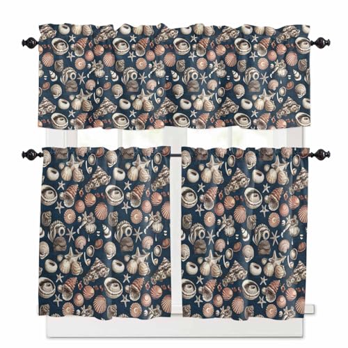 Coastal Shell Starfish Kitchen Curtains 24 Inch Length, 3 Piece Rod Pocket Small Half Tiers and Valance Set, Vintage Ocean Summer Seaside Small Large Window Treatment Decor for Bedroom/Bathroom Sink