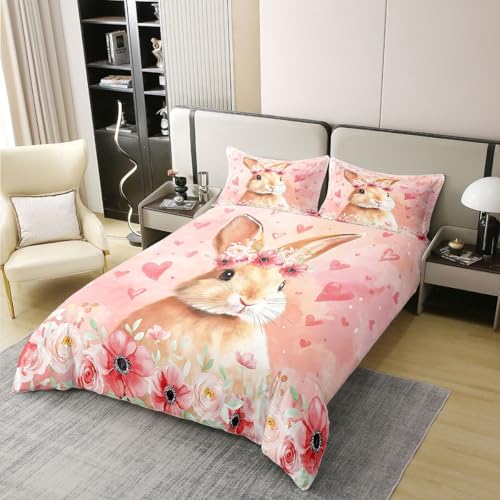 Manfei Juego de ropa de cama infantil de conejo de dibujos animados, 100 % algodón, juego de funda de edredón floral en acuarela, funda de edredón con temática de feliz Pascua, beige, rosa y verde, 2
