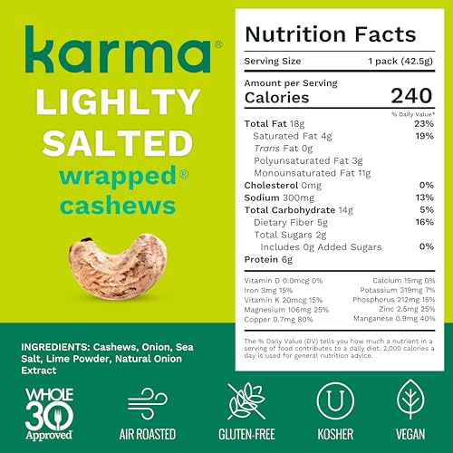Image of Lime Twist Cashews with Skin by Karma Nuts, Whole, Roasted, Vegan, Gluten Free, Low Net Carb, Natural, No Sugar Added, Keto Friendly, Everyday Nut Snack, 1.5 Ounce (12 Snack Packs)