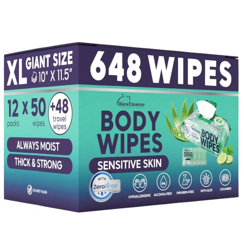 Image of Bulk Body Wipes for Women - Gentle on Sensitive Skin - No Rinse XL, 600 Ct | Stock-Up Case, Gentle on Sensitive Skin, Cucumber & Marshmallow Root, Prebiotic Inulin, pH-Balanced, 60 GSM Cloth, 12 Packs