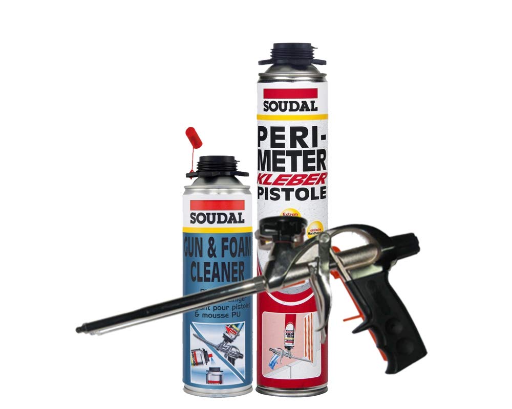 Soudal Juego combinado de 1 bote de pegamento perimetral de 750 ml + 1 limpiador Soudal de poliuretano de 500 ml + pistola de espuma profesional