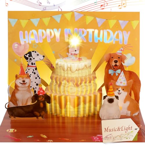 Carte d'anniversaire pour amoureux des chiens avec bougies soufflantes lumineuses