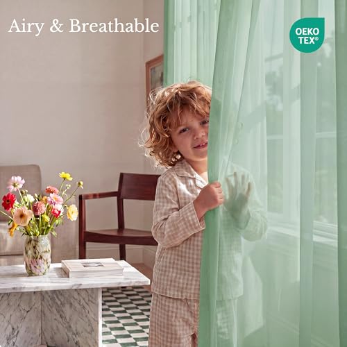 Image of NICETOWN Sage Green Sheer Curtains for Living Room, W42xL96, 2 Panels | Rod Pocket Lightweight Drapes Voile Sheer Air & Breathable Elegant Modern Window Treatments for Bedroom