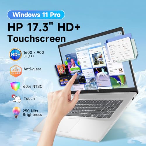 Image of HP 17 Touchscreen Laptop, AMD Ryzen 5 7430U (Up to 4.3GHz), 20GB RAM, 512GB SSD, 17.3 inch HD+ Anti-Glare Display, Windows 11 Pro, Backlit Keyboard, Wi-Fi 6, USB-C, Numeric Keypad