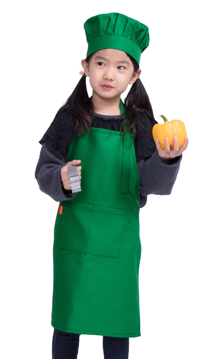 ALIPOBO Kids Apron and Chef Hat Set, Children's Adjustable Bib Apron with 2 Pockets. Cute Boys Girls Kitchen Apron for Cooking, Baking, Painting, Training Wear (6-12 Year, Green)