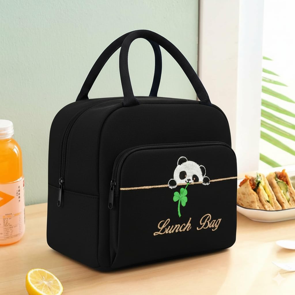 ECOCARRY Premium Lunch Bag for Office | Black Cute Panda Embroidery Lunch Bag for Kids Girls and Boys | Tiffin Lunch Box Bag for Men & Women | Perfect for School, Office, College, Travel & Picnic
