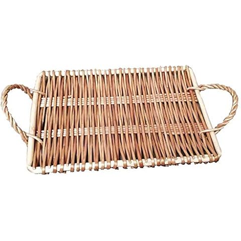 USJF Hand-Woven Rattan Serving Tray With Handle Rectangular Wicker Serving Platters Breakfast Tray For Coffee Table, Food, Drinks, Dinner Cover