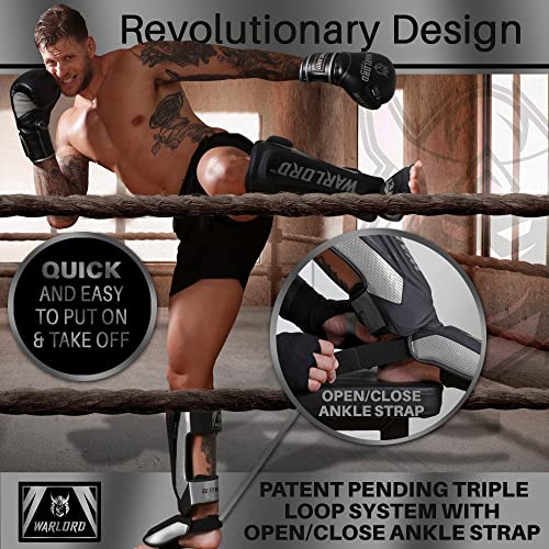 Warlord Suneate Elite Revolutionary Design Martial Arts Shin Guards Muay Thai Mma Kickboxing, Patent Pending “Slip Loop” Superior Protection Sparring Kicking Training (Black/Silver, Extra Large) #TOP1
