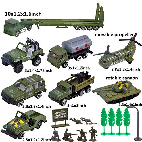 Fycooler Die-Cast Vehicles,8 Pack Assorted Alloy Metal Military Army Battle Car Vehicle Playsets Models,6 Pcs Soldier Army Men,Mini ArmyTank/SUV/Tanker Truck Aircraft Toys Gift for Kids Boys
