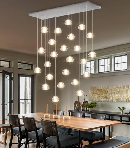 Image of 24-Lights Modern Rectangular Crystal Chandelier LED Raindrop Ceiling Pendant Light Crystal Lighting Fixture for Living Room Hotel Staircase Hallway Foyer Entryway Bedroom Silver