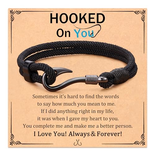 Fish Hook Bracelet Gifts for Men, Hooked on You Jewelry Gifts for Husband, Christmas Anniversary Valentines Birthday Gifts for Him