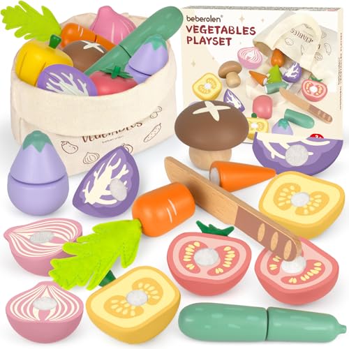 Beberolen Kinderküche Spielküche Zubehör Holz, Küchenzubehör Gemüse Spielzeug, Holz Gemüse zum Schneiden, Küchenspielzeug Holzgemüse mit Tragetasche, Pädagogisches Lernspielzeug Geschenk für Kinder