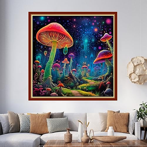 Image of Foxhool Beginners Cross Stitch Kits Stamped Full Range of Embroidery Kits for Adults DIY Cross Stitches kit Embroidery Patterns for Needlepoint kit-Colorful Mushrooms 17.7x17.7 inch