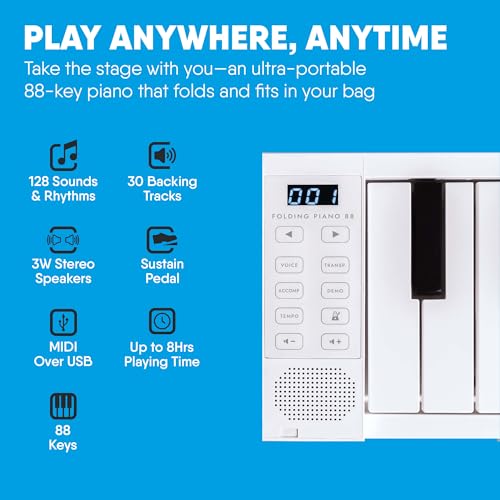 Carry-on 88 Key Folding Piano - Ultra-Portable and Full-Sized with 128 Voices and USB MIDI Connectivity - Travel Piano Keyboard Perfect for Practice, Travel, and Performances - White