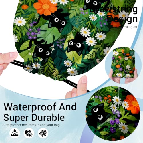 Image of Cat Storage Bag With Drawstring Green Leaves Pouch Outdoor Hiking