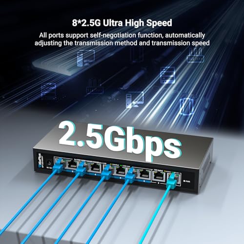 Image of 10 Ports 10Gb Unmanaged Ethernet Switch with 8*2.5G Base-T Ports, 2*10G RJ45 Ports. 80Gbps Switching Capacity, GiGaPlus 10Gbps Network Switch for 2.5G /10Gbps NAS /PC, WiFi6 Router, Wireless AP