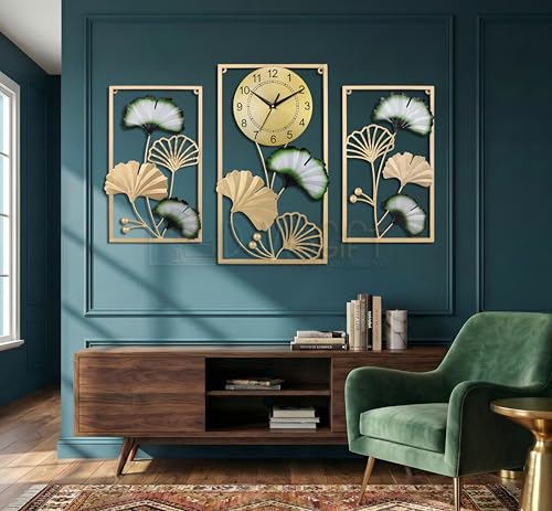 Image of Luxury Ginkgo Leaf Metal Wall Clock - Large Gold & Green Botanical Wall Art Set for Living Room, Bedroom, and Hallway Decor - Modern Silent Quartz Movement - Set of 3