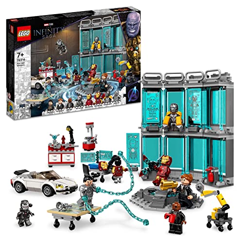 LEGO Marvel Armeria di Iron Man, Set per Costruire la Stanza delle Armature dei Supereroi Avengers, con Casco, Tuta e Macchina Giocattolo, Idea Regalo, Giochi per Bambini e Bambine da 7 Anni 76216