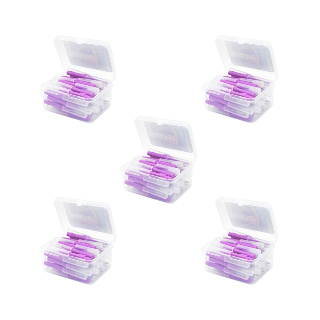 Juego de 5 cepillos interdentales de cabeza de hilo dental de mano para exteriores, herramienta de higiene bucal para el hogar, vacaciones, color morado, 1,2-1,5 mm