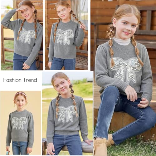 Image of Danny D Young Girl′s Bowknot Sequin Knitted Sweater Crew Neck Long Sleeved Tops for Autumn and Winter