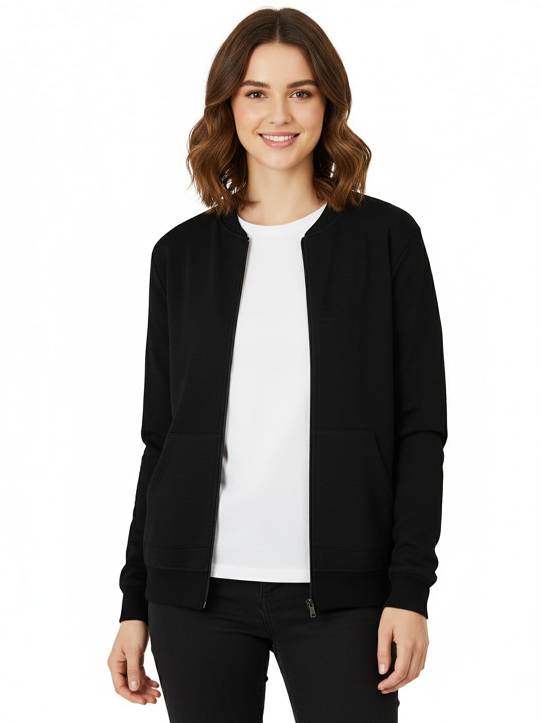 Women's Loopknit Loose Fit Drop Shoulder Bomber Jacket with Zipper Closure and Side Pockets