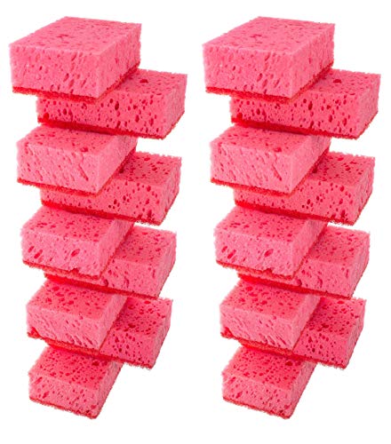 Image of Pink Multi Use Scrub Sponges. Made in Europe. 18 Pack, 4.3x2.8x1.4 inches. Odorless Heavy Duty & Non Scratch Fiber. Durable and Delicate Scrubber for Kitchen & Bathroom, Housekeeping & Outdoors