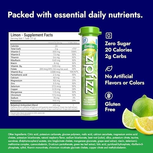 Image of Zipfizz Daily Energy Drink Powder, Limon, 20 Pack | 3-in-1 Sustained Energy, Rapid Hydration, and Essential Vitamins | Sugar-Free | Electrolyte Powder | Contains Vitamin B-12 & Antioxidants