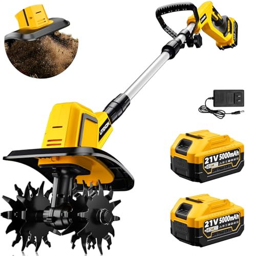 Powerful Cordless Tiller Cultivator with 720RPM Brushless Motor, 2x5.0Ah Batteries&1.5A Fast Charger, 10In Tilling Width and 7In Depth, Super Power Electric Garden Tiller Battery Powered