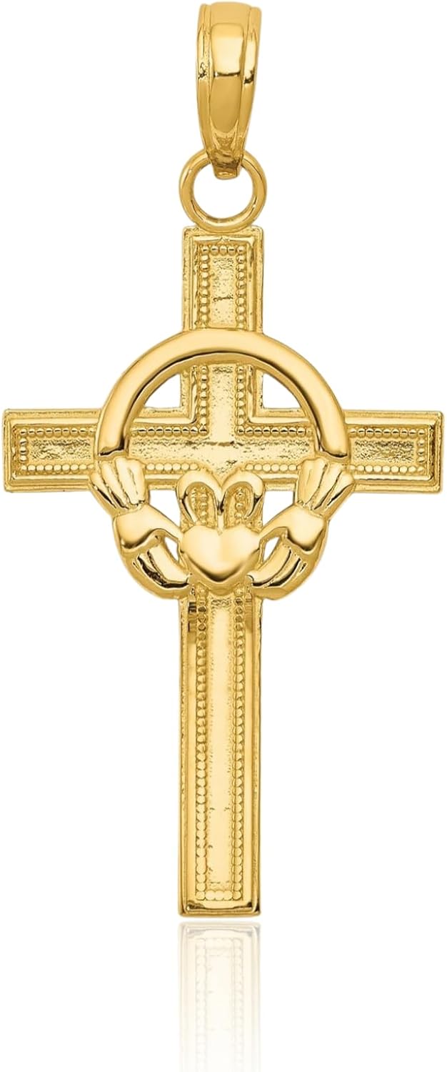 IceCarats 14K Solid Yellow Gold Large Celtic Claddagh Cross Heart Pendant Necklace 32mm 1 1/4 inch Polished, Textured For Her For Him