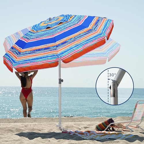 Image of AMMSUN 7ft Beach Umbrella with Sand Anchor Portable Outdoor Patio Sun Shelter UPF50+ Protection & Tilt Aluminum Pole Air Vent with Carry Bag for Beach Patio Garden Outdoor Multicolor Blue