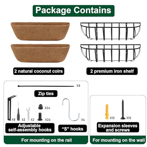 Image of DUNCHATY 24 Inch Railing Planter 2 Pack - Adjustable Metal Window Box Planter with Coco Liner for Deck Balcony Porch Fence - Outdoor Hanging Flower Basket for Herbs & Flowers