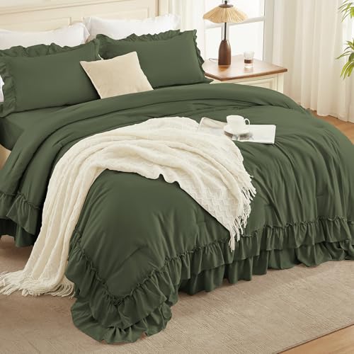 Image of Andency Olive Green Queen Comforter Set (90x90Inch), 3 Pieces Lightweight Fluffy Ruffle Bedding Comforter Sets for Queen Bed, Farmhouse Shabby Chic Soft Polyester All Season Bed Set