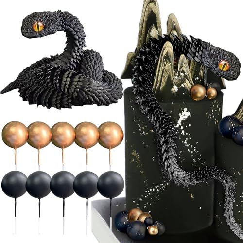 3D Printed Snake Fantasy Snake Cake Decoration Wizard Cake Topper Black Gold Balls Cake for Birthday Fantasy Fan Party Supplies