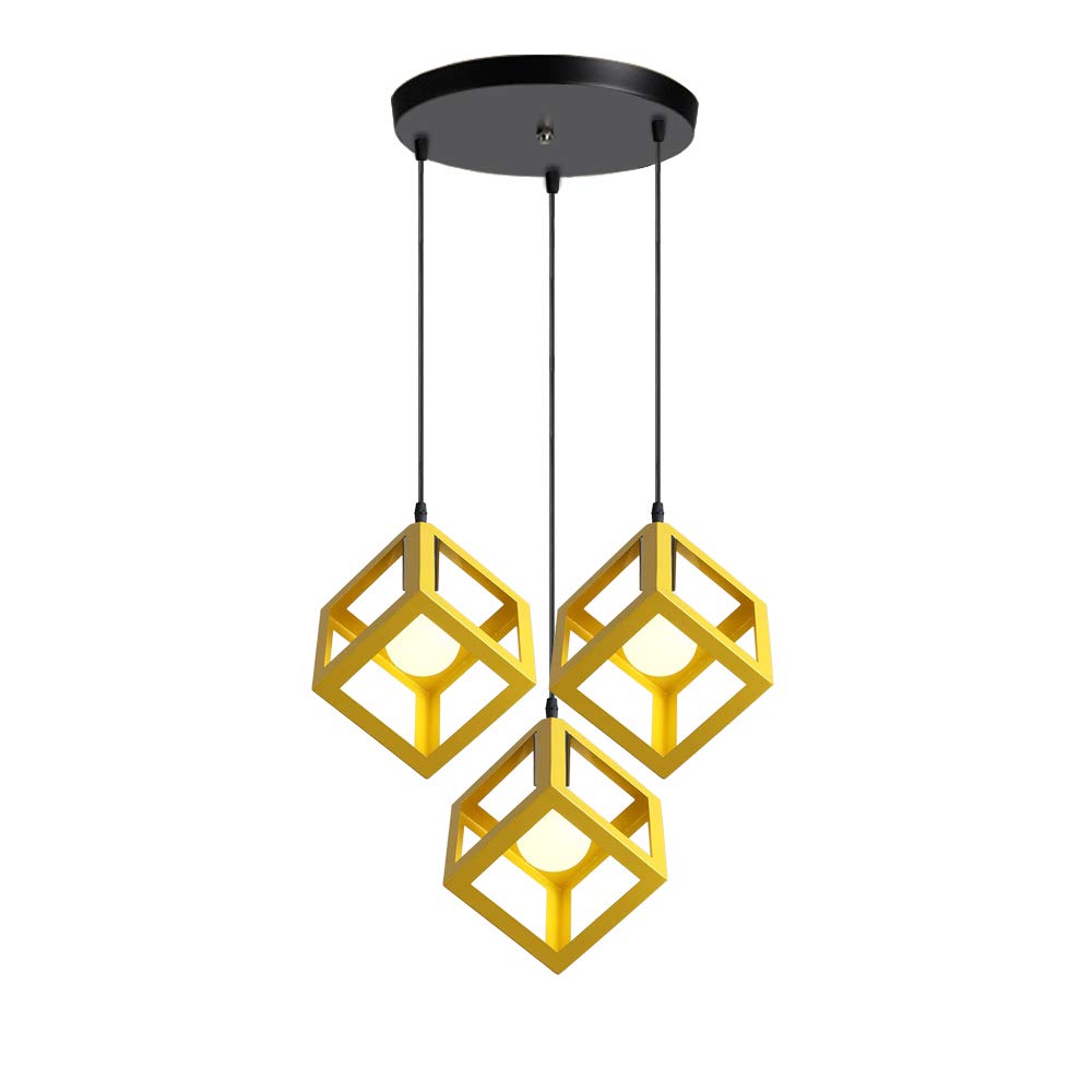 iDEGU 3 Światła Żyrandol Wisiorek Vintage Styl Geometryczny Lampa Wisząca Oprawa w kształcie kostki Metalowa lampa sufitowa do sypialni, salonu, jadalni, kuchni - 16 cm, żółta