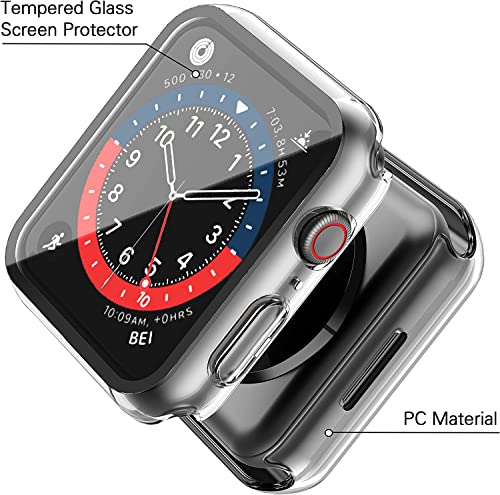Image of Piuellia 2 Pack Hard Case with Tempered Glass Screen Protector for Apple Watch Series 8 Series 7 41 mm, Ultrathin Overall PC iWatch Protective Cover, 1 Black + 1 Transparent
