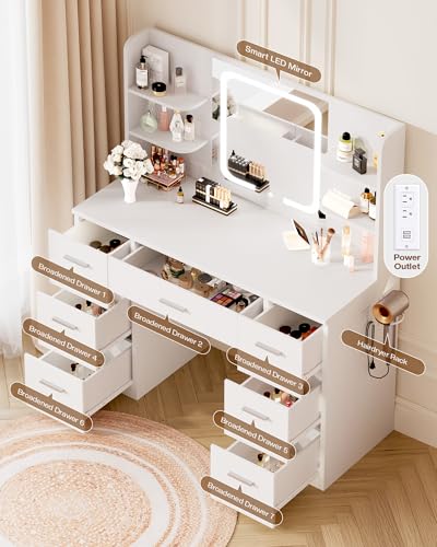 Image of LIVELYGLOW 43 inch Large White Makeup Vanity Desk with Charging Station | Smart LED Mirror, Hairdryer Holder, 7 Drawers, 4 Shelves